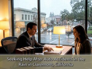 Attorney advising on personal injury claim from rainy car crash in Claremont, focusing on legal rights.