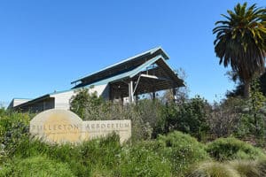 Fullerton Arboretum sign and Bacon Pavilion