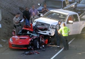 Red Corvette Mangled By Truck On Costa Mesa 55 Freeway
