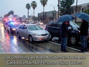 Scene of a rain-related car crash in Southern California, showing drivers exchanging info and vehicle damage for legal documentation.