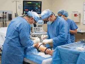 Medical professionals handling severe crush injury from California hit-and-run accident, illustrating surgery and recovery for personal injury education.