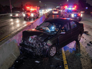 Illustration of a vehicle collision in California leading to severe crush injuries from hit-and-run, highlighting entrapment and damage for personal injury awareness.