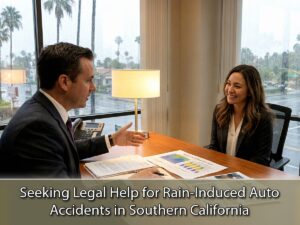 Attorney and client reviewing personal injury claim for a wet weather car crash in Southern California office setting.
