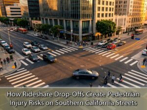 Bird's-eye view of an Uber vehicle near a crosswalk in Los Angeles, illustrating pedestrian injury risks in rideshare accident claims in Southern California.