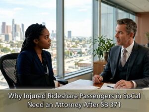 Injured Uber or Lyft accident passenger consulting with a Southern California personal injury attorney about rideshare accident claims under SB 371.